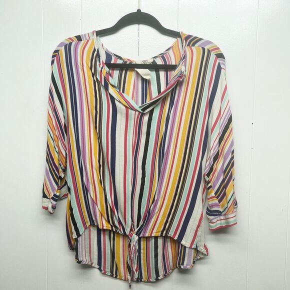 Blue Pepper Tops - Blue Pepper Multicolor Striped 3/4 Sleeve V-Neck Womens Top Size Small Tie Front